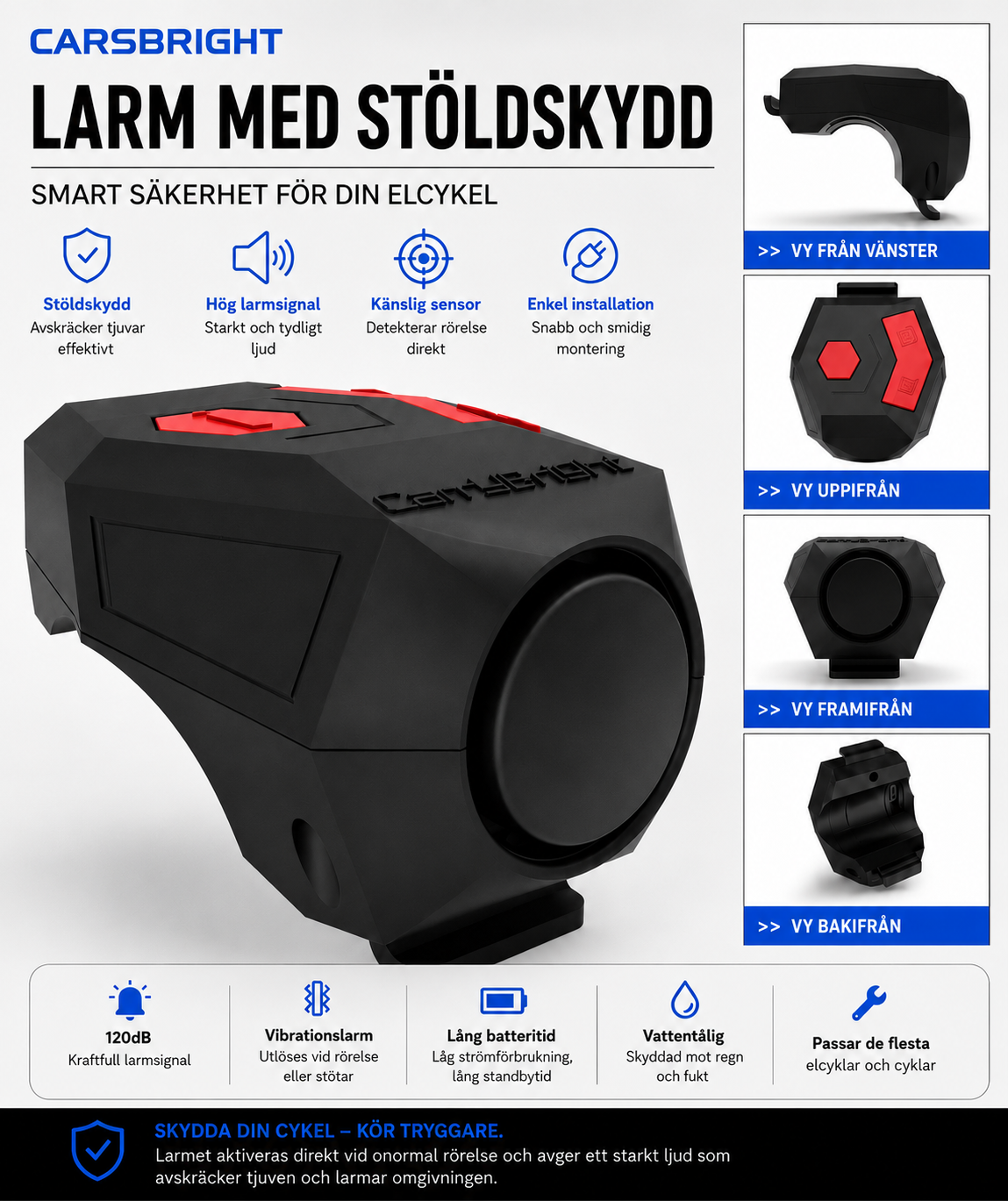 Elektrisk Cykelklocka med stöldlarm